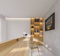 The interior of the villa with shelves, a wooden table, and a painting on the wall.
