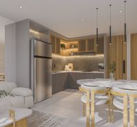 A kitchen in a villa with illuminated shelves, a marble table, and comfortable seating.