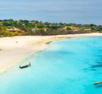 The coast in Nungwi with a beach and the Indian Ocean, also visible is a villa among the palm trees.
