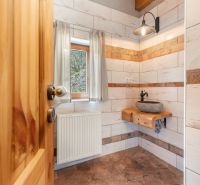 A bathroom in a family house with a stone sink and a wooden ceiling.