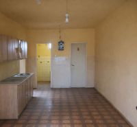 Simple kitchen in a family house with a wood-patterned floor and doors.