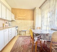 Kitchen in a 2-room apartment with a dining table, wooden cabinet decor, and curtains.