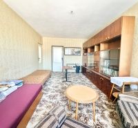 Living room in a 2-room apartment with retro furniture and a patterned carpet.
