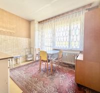 A kitchen in a 2-room apartment with a table, a carpet, and a large window with lace curtains.