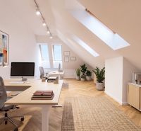 Offices with wood-patterned flooring, two desks, chairs, and plants.