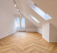 Loft interior of offices with large skylights and wood-patterned flooring.