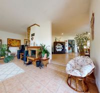 Living room with a fireplace, plants, comfortable armchairs, and decorations in a family house.
