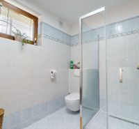 A bathroom in a family house with a glass shower enclosure and tiles.