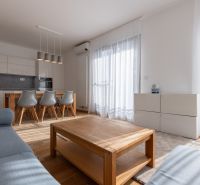 Interior of a 3-room apartment with a kitchen, wooden furniture, and a floor with a wooden decor.