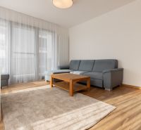 Living room in a 3-room apartment with a sofa, coffee table, and wooden decor flooring.