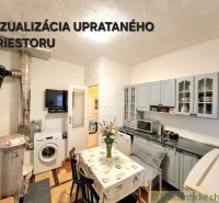 A kitchen in a family house with full equipment, including a stove and a washing machine.