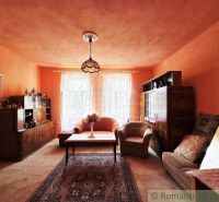 A living room in a family house with orange walls, a sofa, an armchair, and retro furniture.