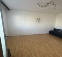 Installed lighting, sofa, and wood-patterned flooring in a 3-room apartment.