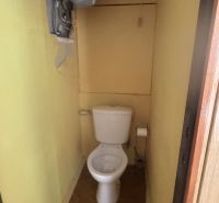 A bathroom in a 3-room apartment with a wooden decor floor and yellow walls.