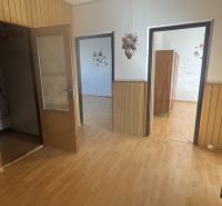 Interior of a 3-room apartment with a wooden decor floor, wooden paneling, and entrance doors.