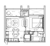 A plan of a 2-room apartment with a balcony, kitchen, and living area.