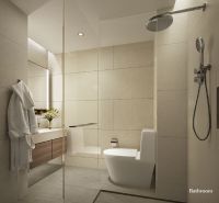 Bathroom in a 2-room apartment, simple design with a shower and toilet.