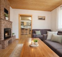 Living room in a family house with a fireplace, sofa, and wooden floor decor.