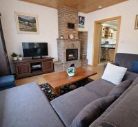 Living room with a fireplace and a sofa in a family house with a wood-patterned floor.