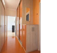 The hallway of a 3-room apartment with an orange floor and a built-in wardrobe.
