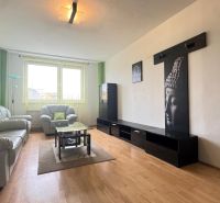 Living room in a 3-room apartment with a sofa, a glass table, and a wooden decor floor.