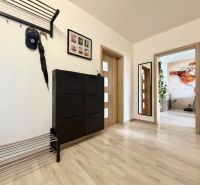 A hallway in a 3-room apartment with a wooden-patterned floor, a shoe cabinet, and a coat rack.