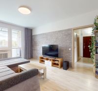 A living room in a three-room apartment with a wooden decor floor, a sofa, and a bookshelf.
