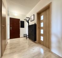 Interior of a 3-room apartment with wood-patterned flooring and entrance doors.