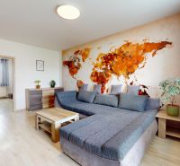 Living room in a 3-room apartment with a world map and a wooden decor floor.