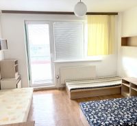 A studio apartment with a wooden floor, beds, and furniture.