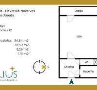 Floor plan of a studio apartment with a loggia on Jána Jonáša Street in the Bratislava - Devínska Nová Ves area.