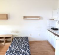 Studio apartment with a kitchenette, bed, and wooden decor flooring.