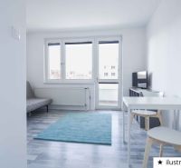 A studio apartment with a wood-patterned floor, a sofa, a table, and a television.
