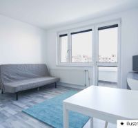 A living room in a studio apartment with a sofa, a table, and a wooden decor floor.