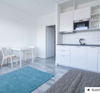 A studio apartment with a minimalist kitchen, dining table, and wooden decor flooring.