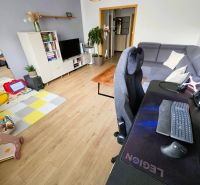 Living room in a three-room apartment with a wooden decor floor, a desk, and toys.