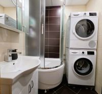 A compact bathroom in a 3-room apartment with a shower and a washer-dryer.