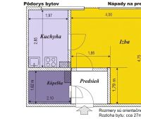 The floor plan shows the layout of rooms in a 1-bedroom apartment with a kitchen and bathroom.