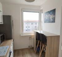A kitchen in a studio apartment with a wood-patterned floor and bar seating.
