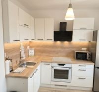A kitchen in a studio apartment with light cabinets and a wood-patterned floor.