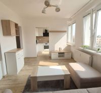 Interior of a 1-room apartment with light walls and a floor with a wood decor.