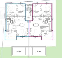 Floor plan of a 3-room apartment with a terrace, pool, and staircase in the center of the layout.