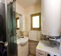 A bathroom with a washing machine, shower, and boiler in a family house.