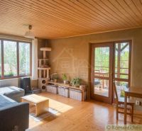 Living room with wood-patterned flooring, light furniture, and plants in a family house.