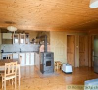 Interior of a family house with a kitchen, wooden ceiling, wood-patterned floor, and fireplace.