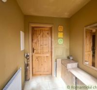 Entrance hallway of a family house with a mirror, wooden doors, and decorations.