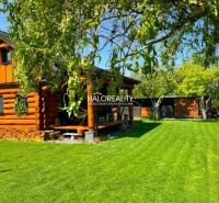 A wooden cottage in Piešťany with a landscaped garden and trees under the summer sky.