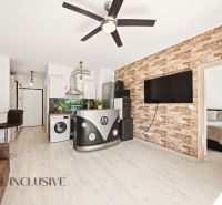A two-room apartment with a wooden decor floor, brick walls, and a unique kitchen unit.