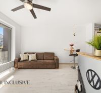 A bright living room with a brown sofa and a bar counter in a two-room apartment.