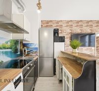 A kitchen in a 2-room apartment with brick cladding and a wooden decor floor.